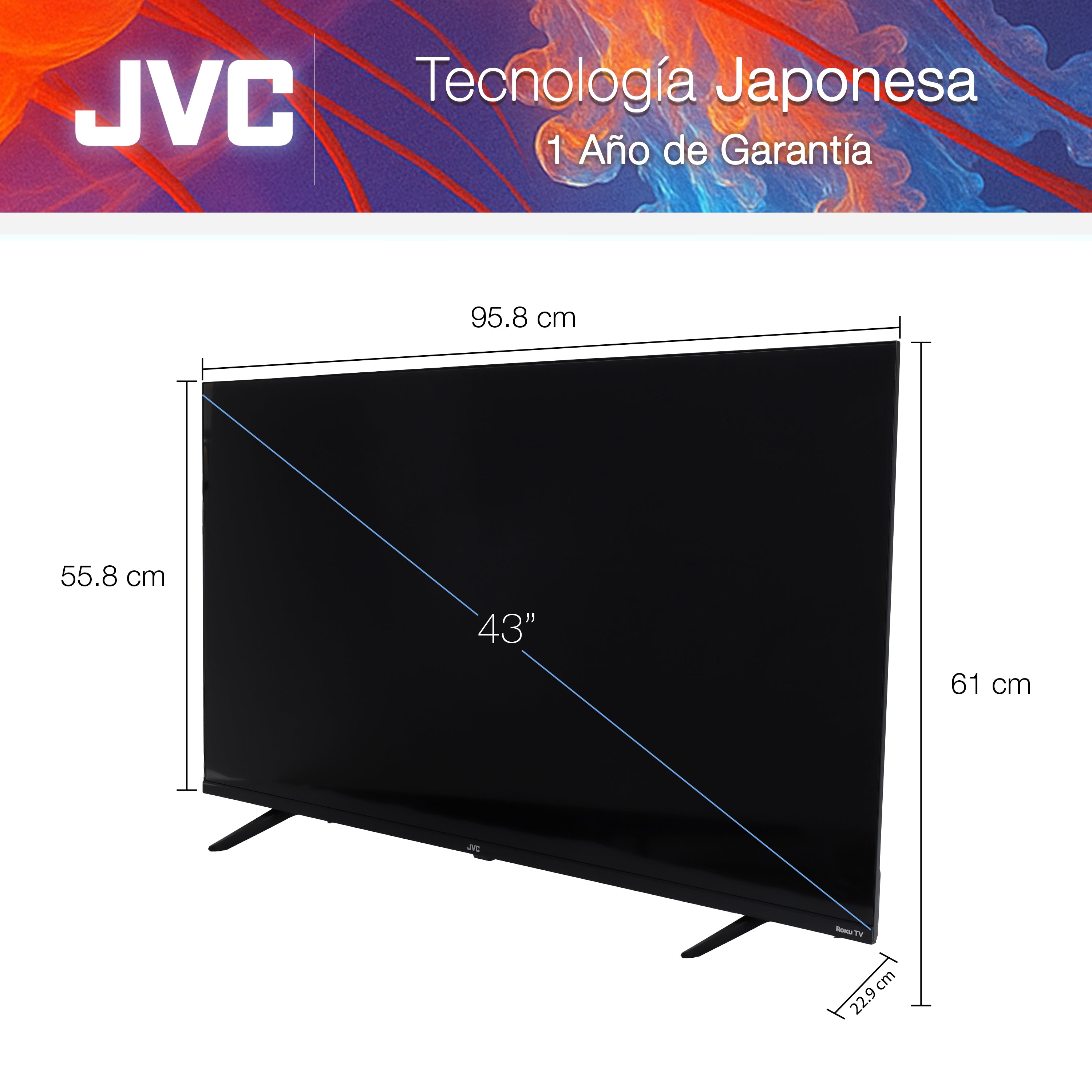 JVC Pantalla Televisión Smart TV 43 Pulgadas LED FHD Roku Frameless Dolby Audio 3 HDMI 1 USB 1 AV SI43FRF (Caja dañada)