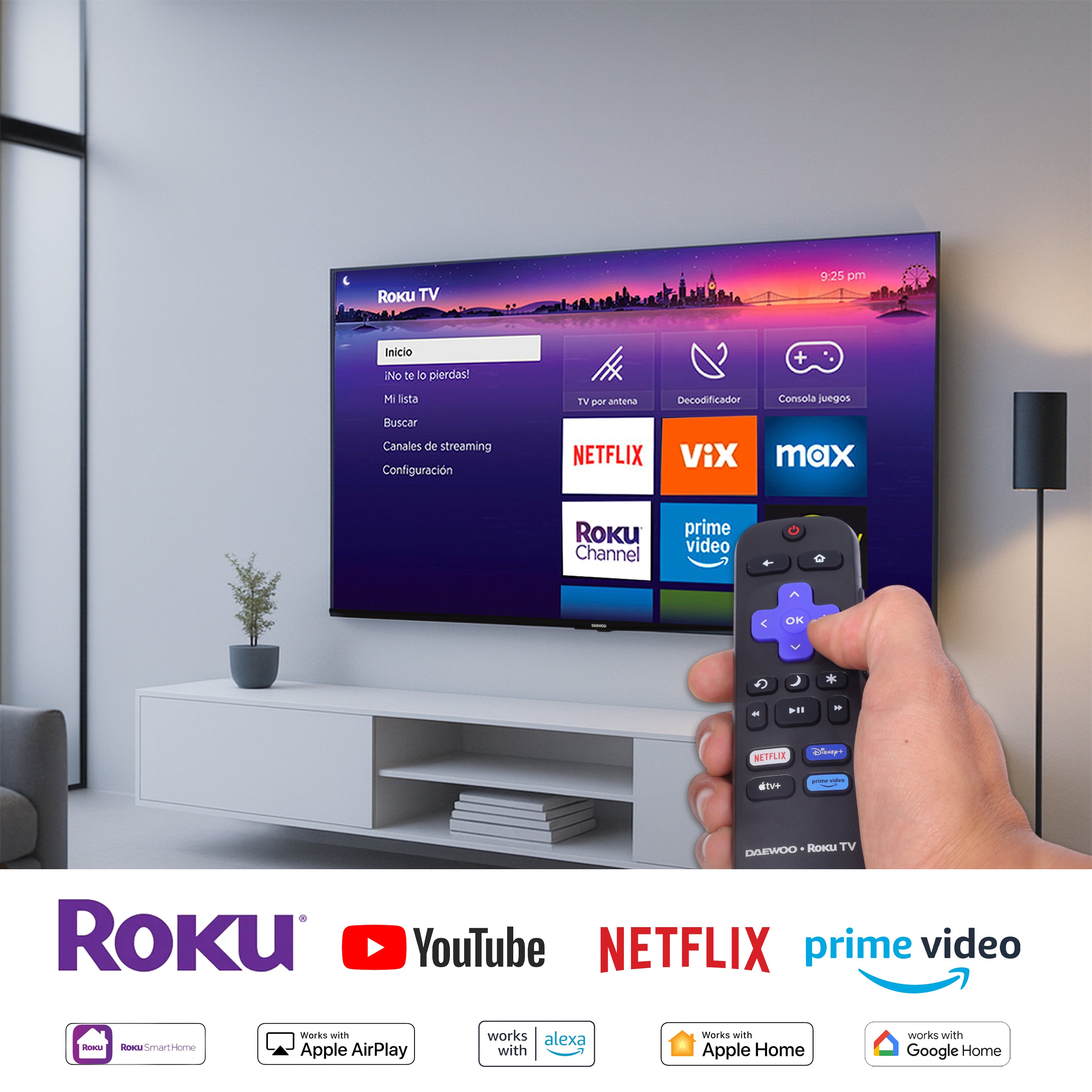 Daewoo Pantalla Televisión Smart TV 70 Pulgadas LED 4K UHD Roku Frameless Dolby Audio 4 HDMI 2 USB 1 AV DAW70UR