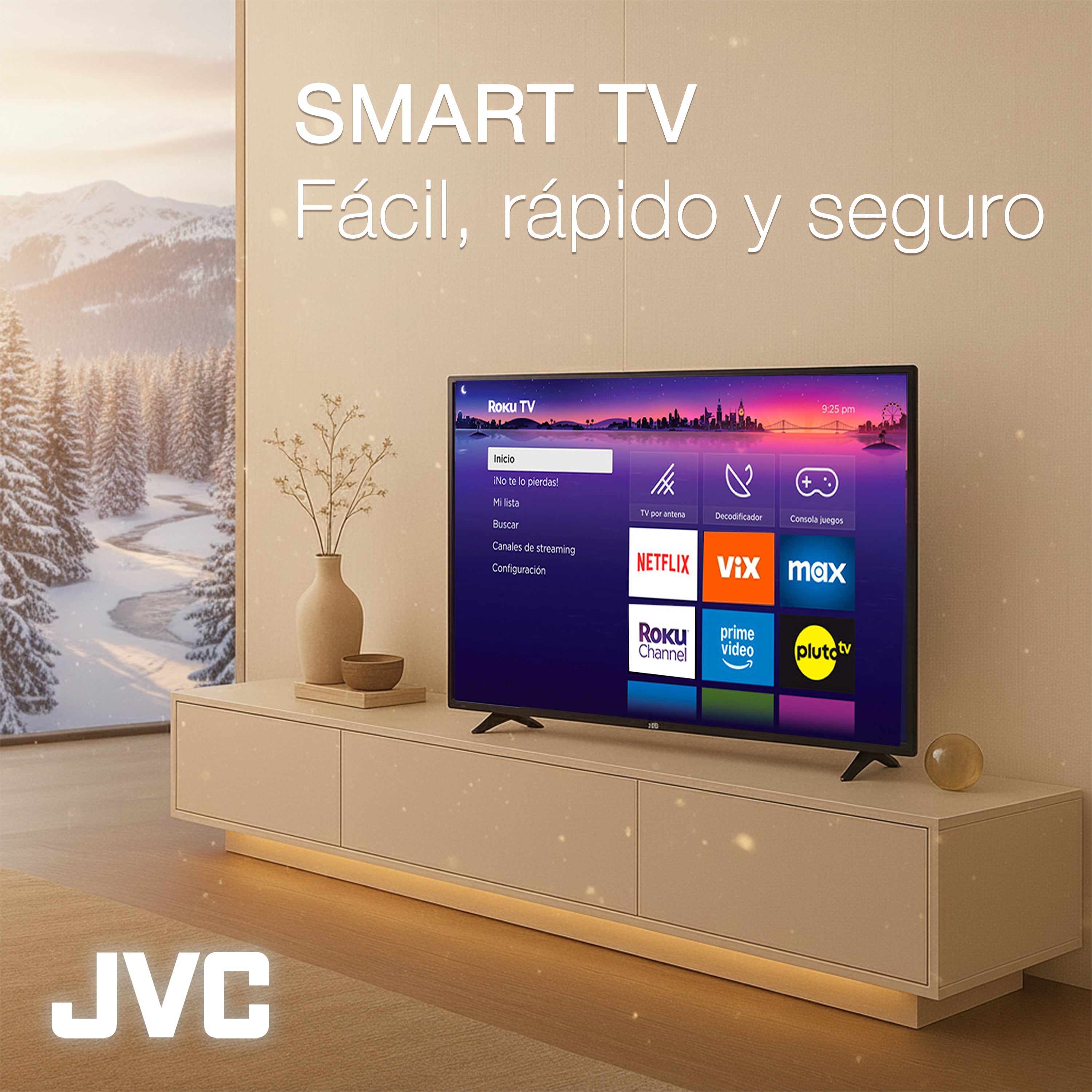 JVC Pantalla Televisión Smart TV 55 Pulgadas LED 4K UHD Roku Frameless Dolby Audio 3 HDMI 2 USB 1 AV SI55URF
