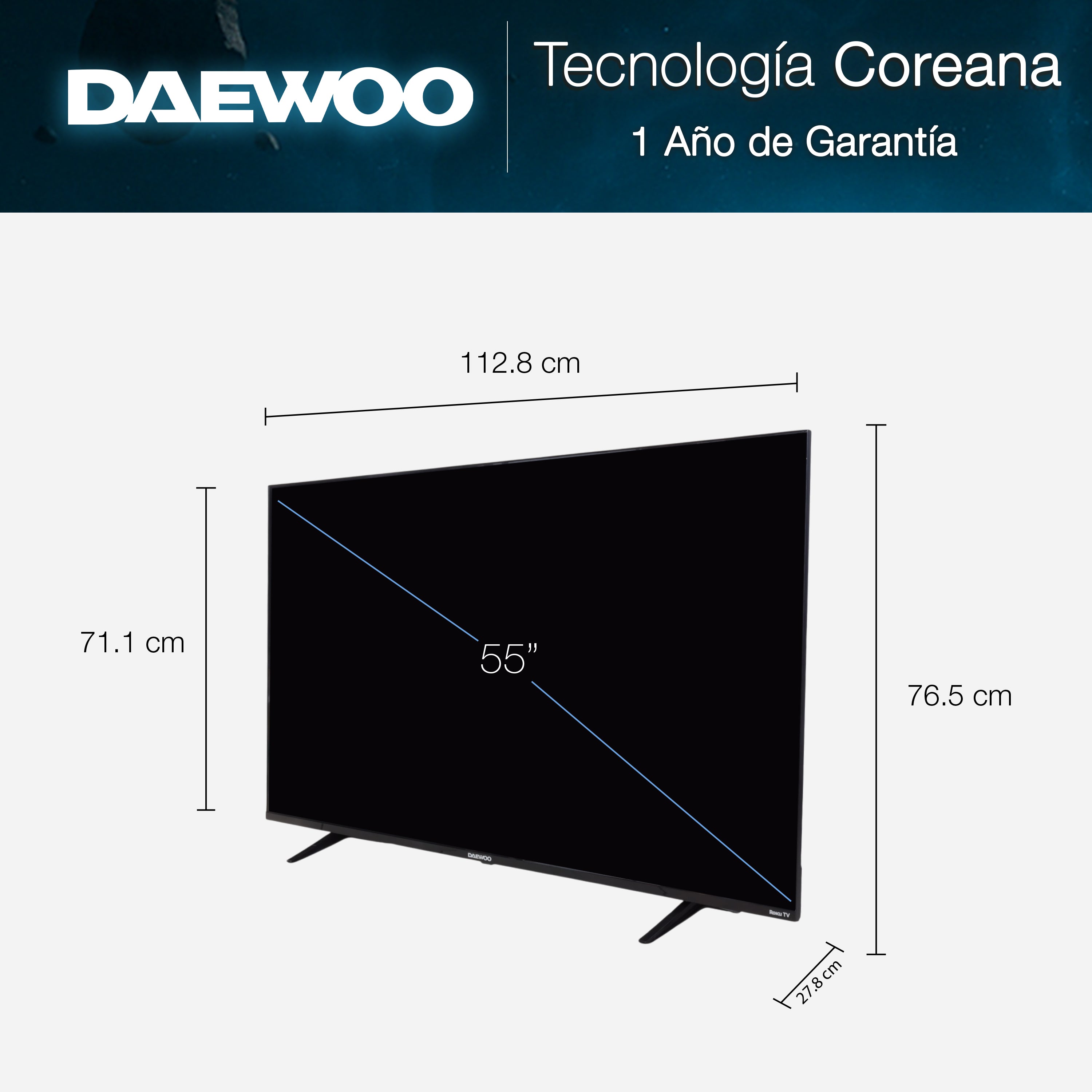 Daewoo Pantalla Televisión Smart TV 55 Pulgadas LED 4K UHD Roku Frameless Dolby Audio 3 HDMI 2 USB 1 AV DAW55URF