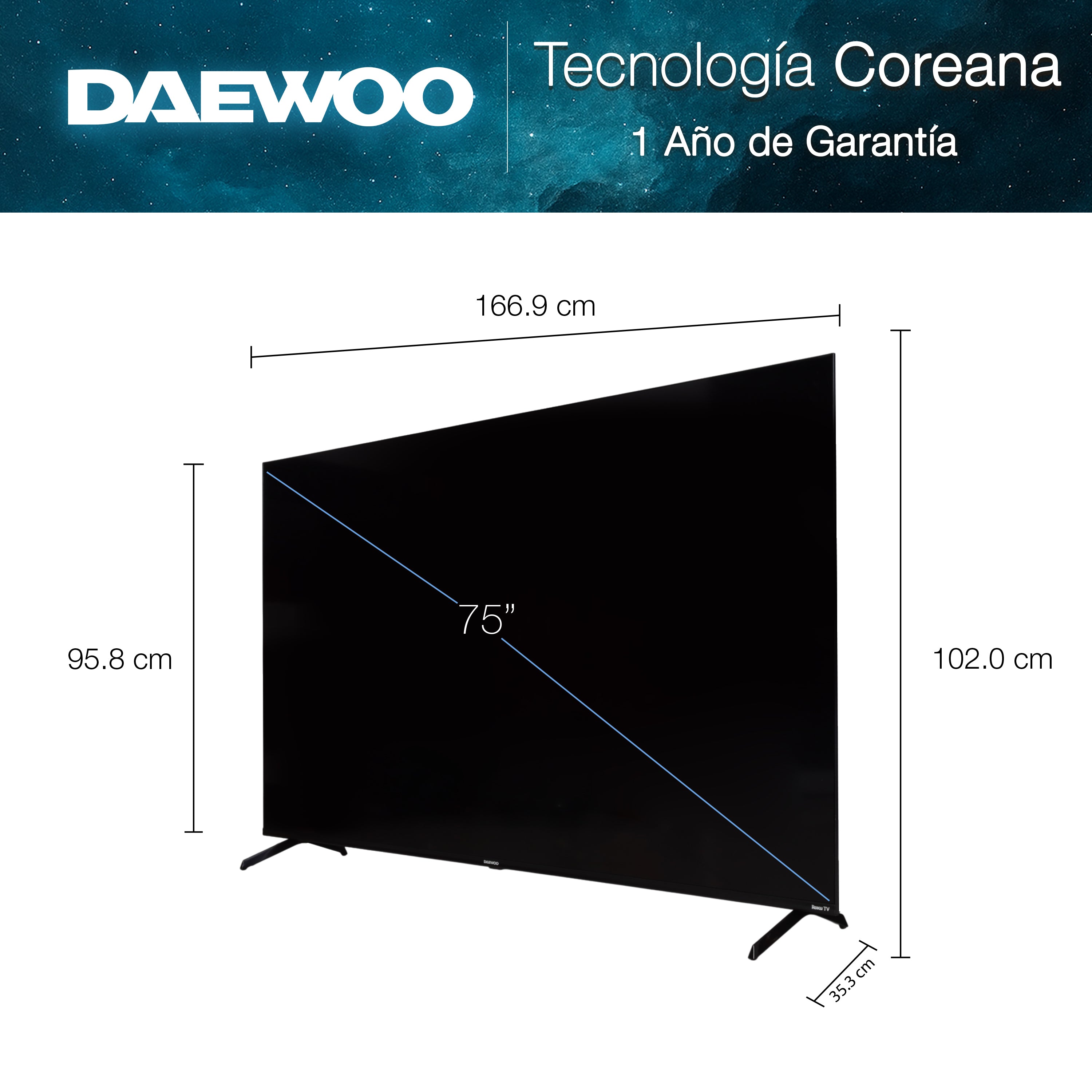 Daewoo Pantalla Televisión Smart TV 75 Pulgadas LED 4K UHD Roku Frameless Dolby Audio 4 HDMI 2 USB 1 AV DAW75URF
