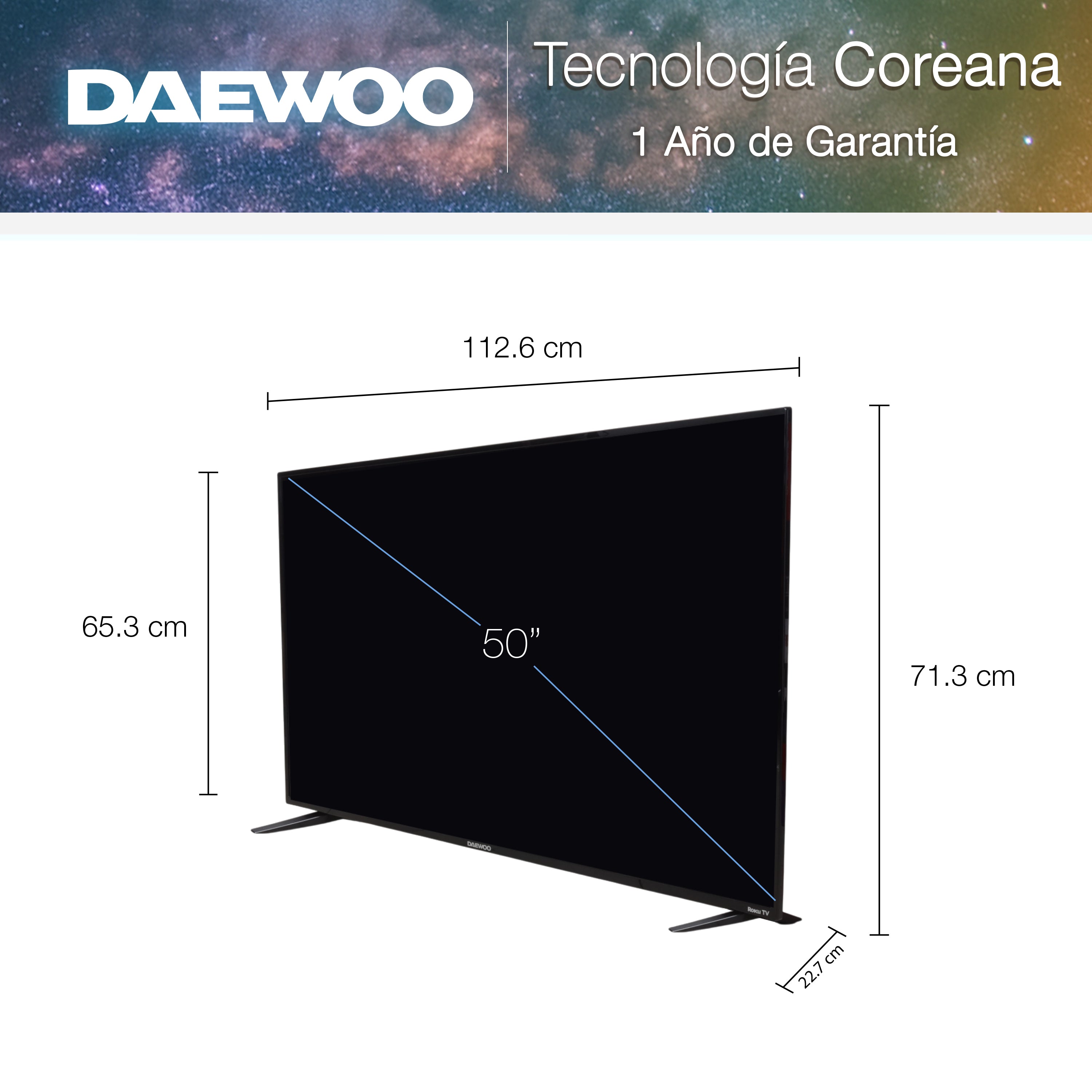 Daewoo Pantalla Televisión Smart TV 50 Pulgadas LED 4K UHD Roku Dolby Audio 4 HDMI 2 USB 1 AV DAW50UR