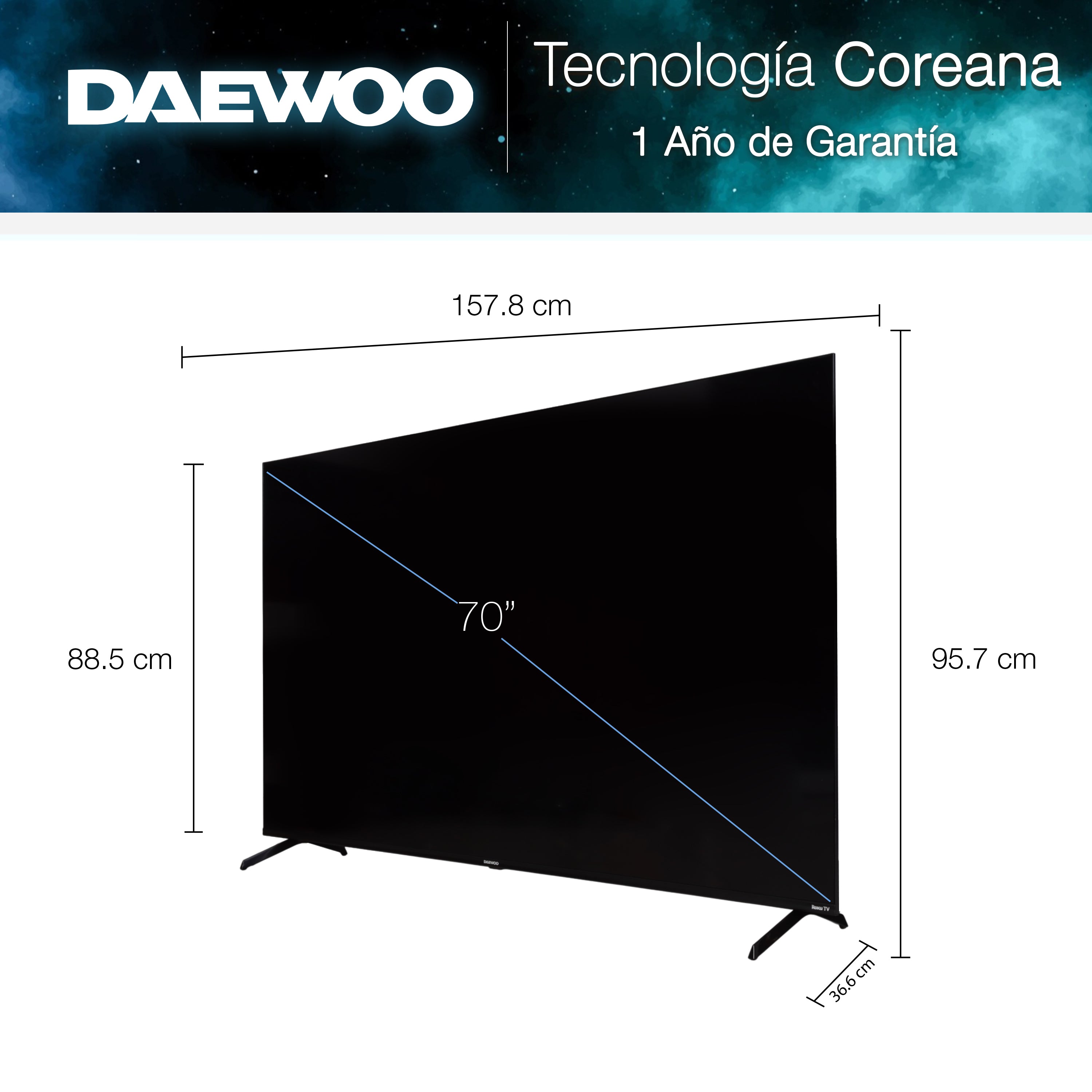 Daewoo Pantalla Televisión Smart TV 70 Pulgadas LED 4K UHD Roku Frameless Dolby Audio 4 HDMI 2 USB 1 AV DAW70UR