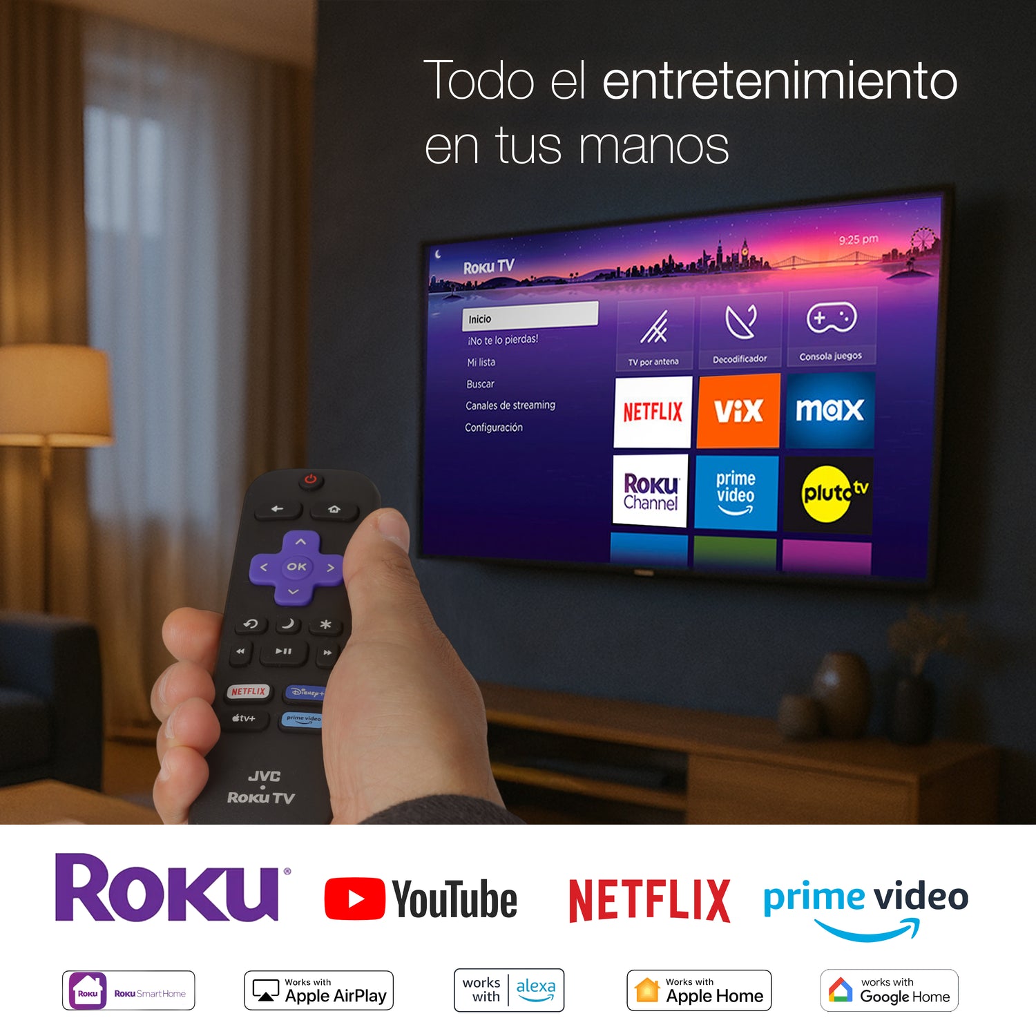 JVC Pantalla Televisión Smart TV 24 Pulgadas LED HD Roku Dolby Audio 3 HDMI 1 USB 1 AV SI24R