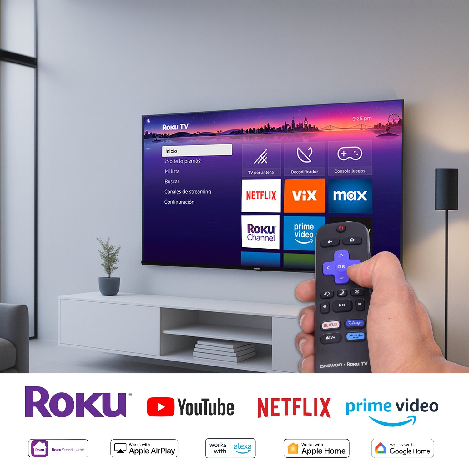 Daewoo Pantalla Televisión Smart TV 75 Pulgadas LED 4K UHD Roku Frameless Dolby Audio 4 HDMI 2 USB 1 AV DAW75URF