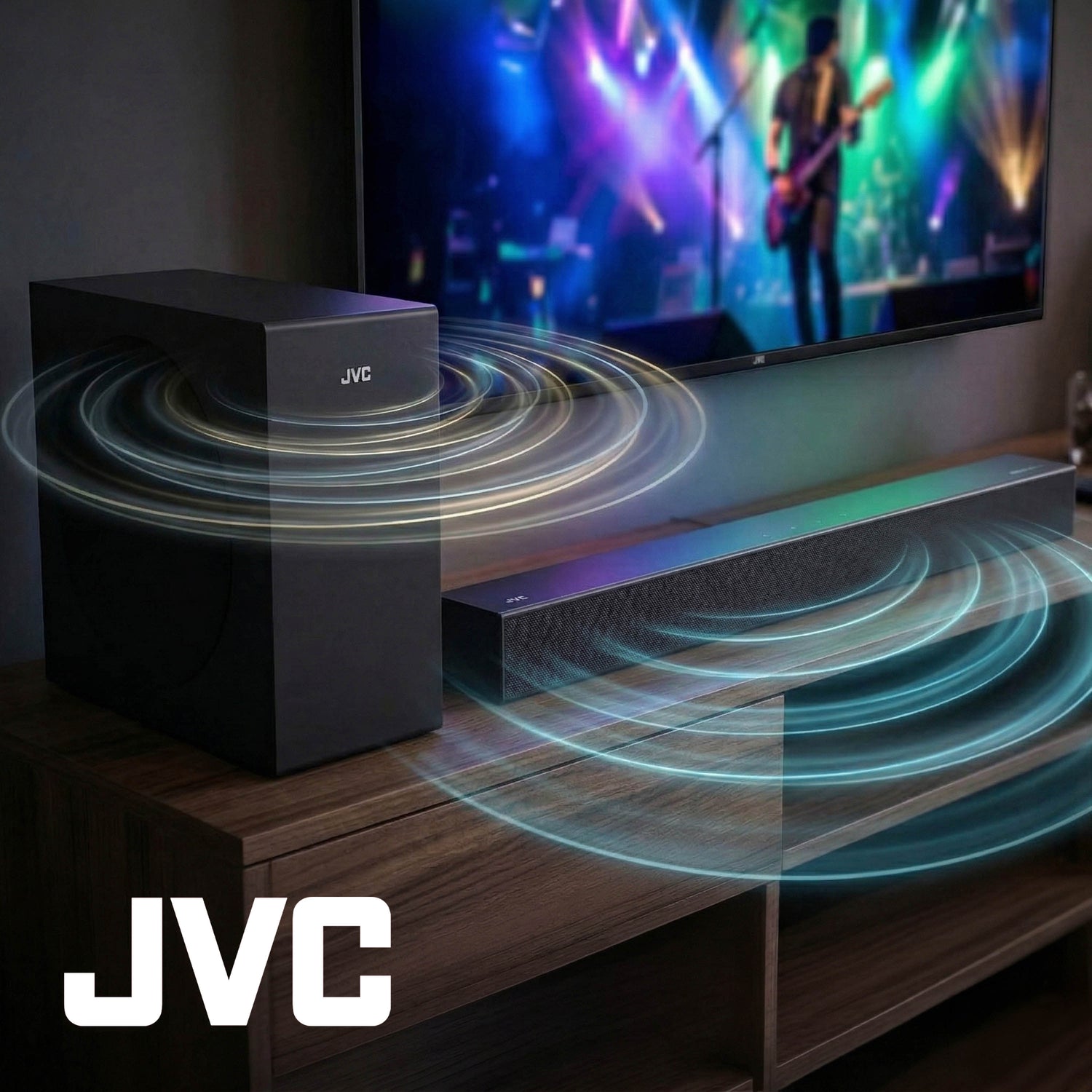 JVC Soundbar 2.1 canales con Subwoofer inalámbrico Dolby Atmos Bluetooth 5.3 HDMI ARC Optical Input Roku TV Ready Modelo SB542R (Copia)