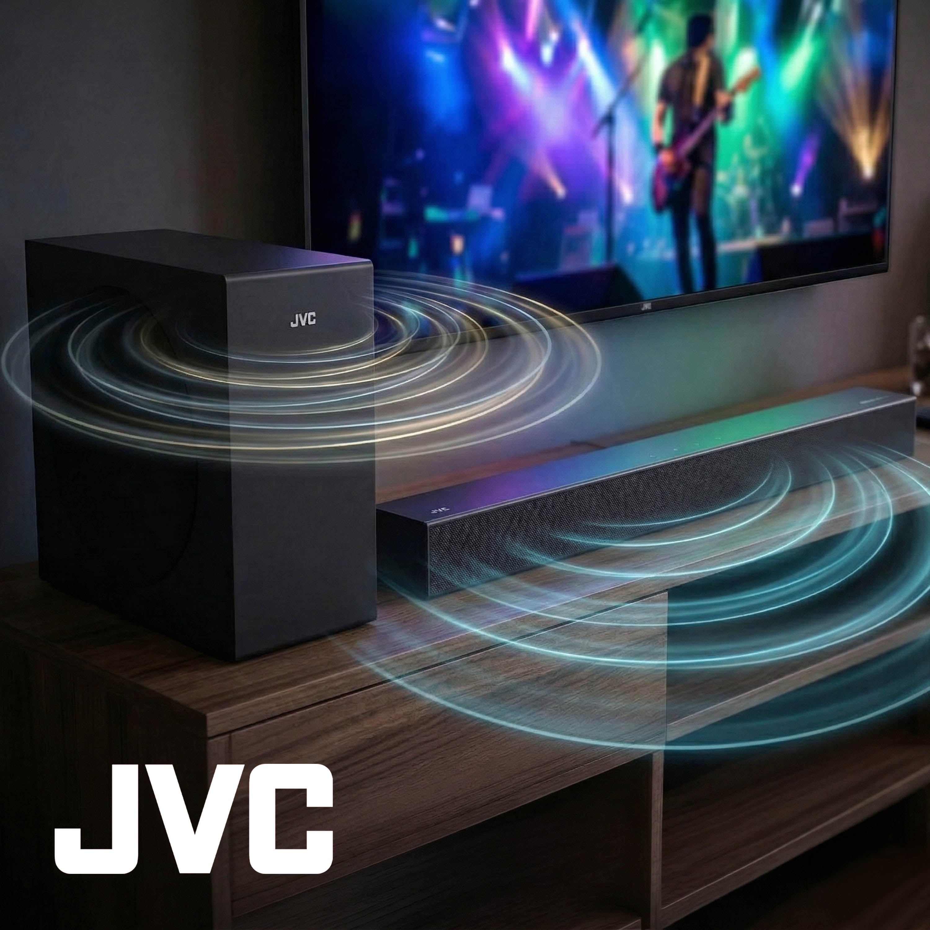 JVC Soundbar 2.1 canales con Subwoofer inalámbrico Dolby Atmos Bluetooth 5.3 HDMI ARC Optical Input Roku TV Ready Modelo SB542R (Copia)