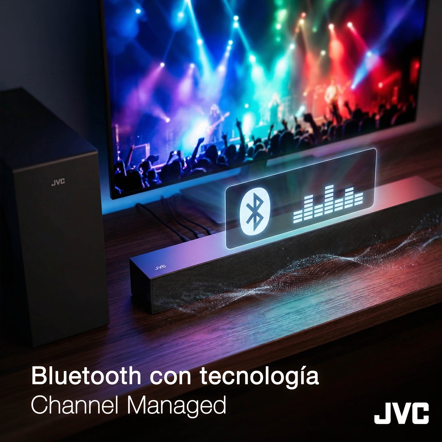JVC Soundbar 2.1 canales con Subwoofer inalámbrico Dolby Atmos Bluetooth 5.3 HDMI ARC Optical Input Roku TV Ready Modelo SB542R (Copia)