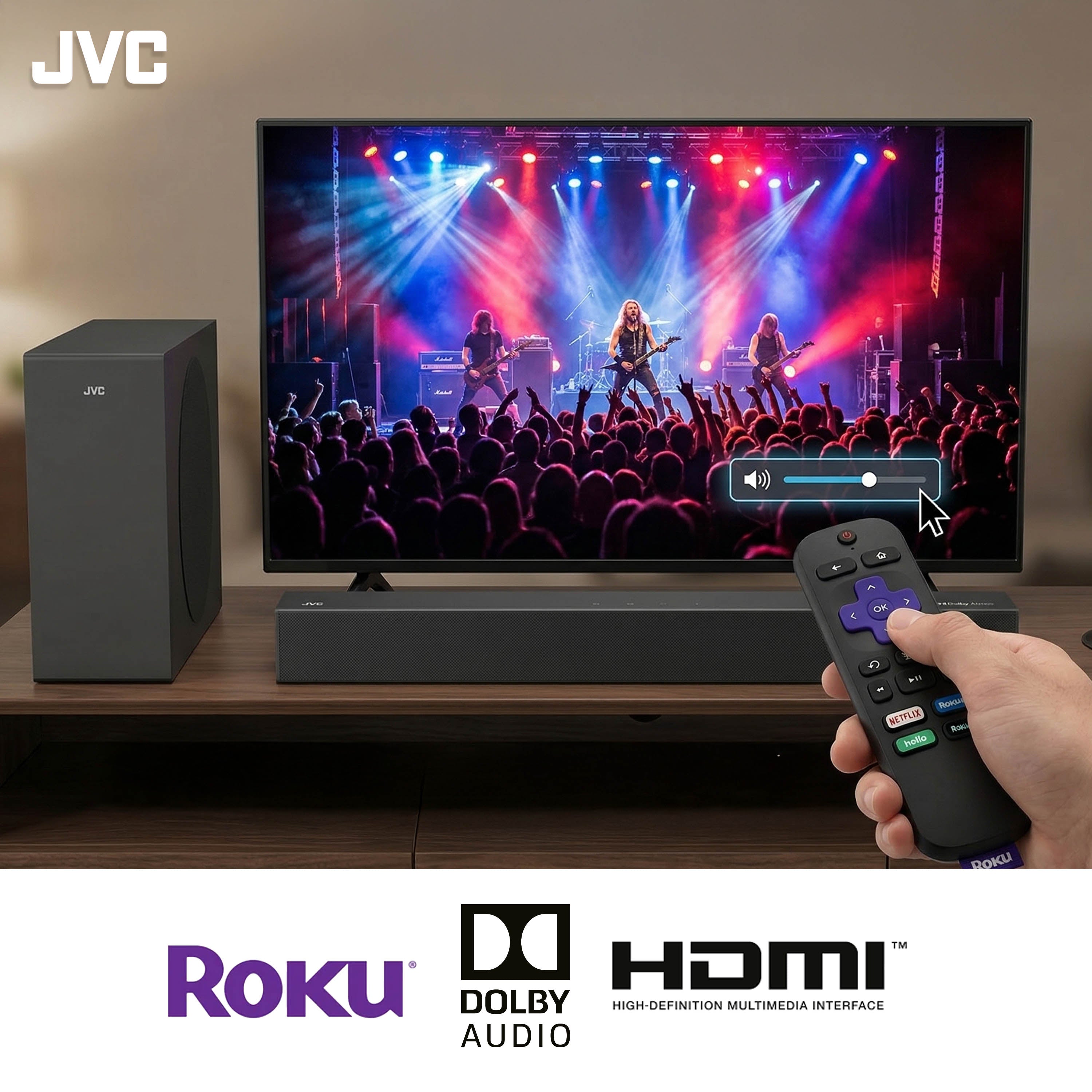JVC Soundbar 2.1 canales con Subwoofer inalámbrico Dolby Atmos Bluetooth 5.3 HDMI ARC Optical Input Roku TV Ready Modelo SB542R (Copia)